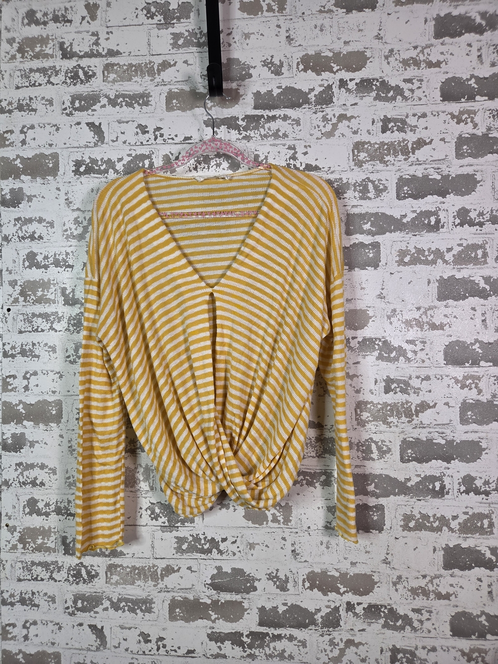 All in Favor Yellow and White Striped Twist-Front V-Neck Top